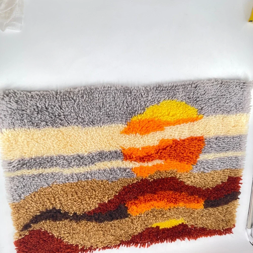 Vtg Latch Hook Wall Hanging Desert Sunset Retro 70s Shag Textile Art 27x20 Boho